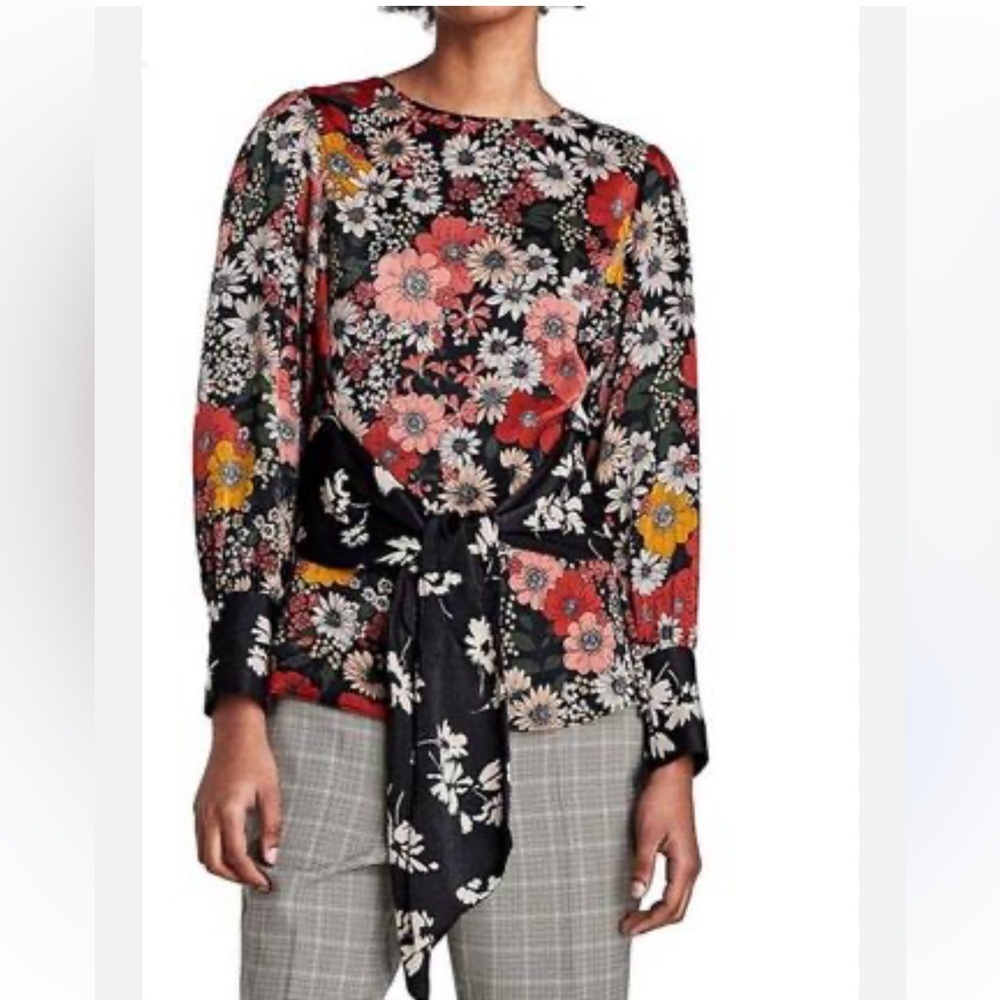 Zara Basic Floral Long Sleeve Front Tie Blouse Size S